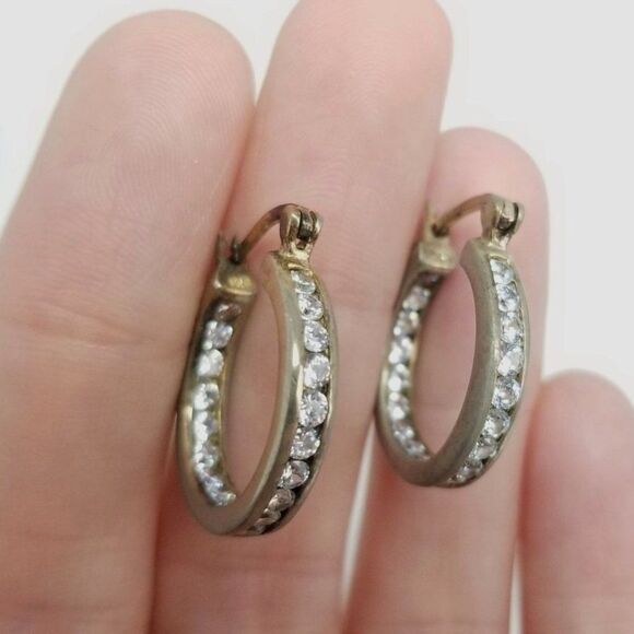 Vintage Rhinestone Encrusted Small Hoop Earrings, Silver Tone Huggie Lever Backs - Picture 1 of 5